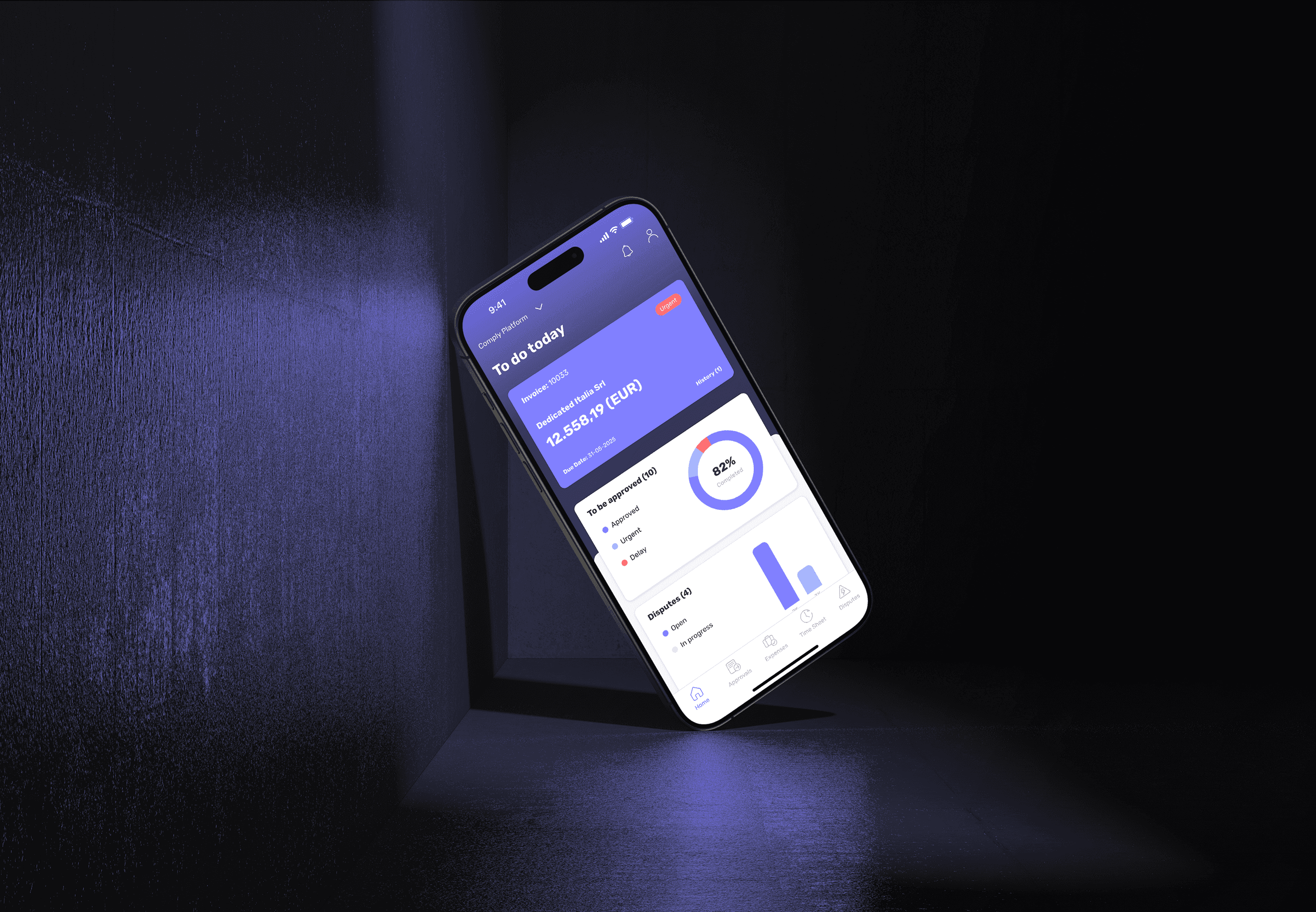 Mockup of Comply mobile app dashboard for managers overview