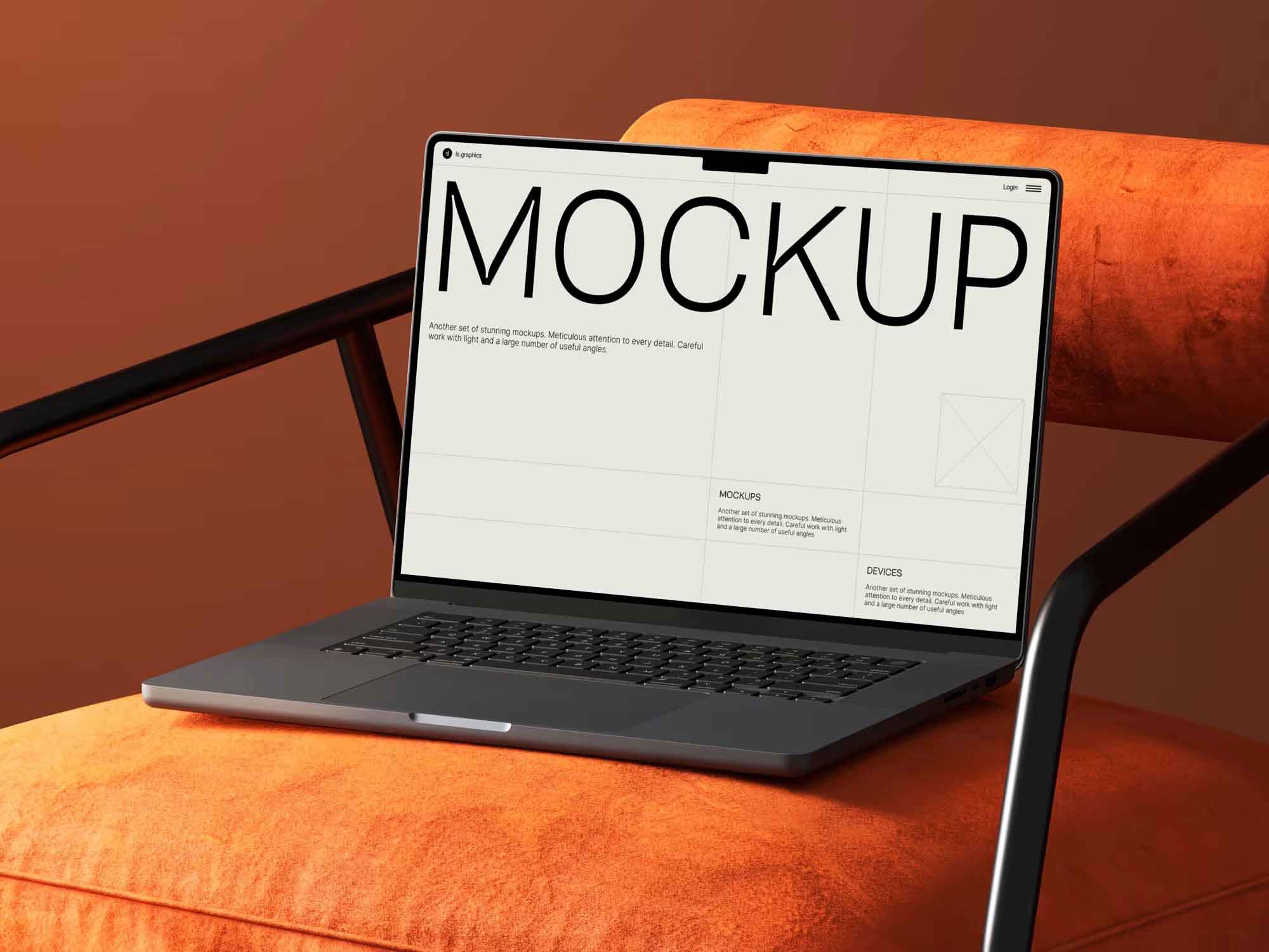 Dark laptop displaying "MOCKUP" on screen, resting on orange seating.
