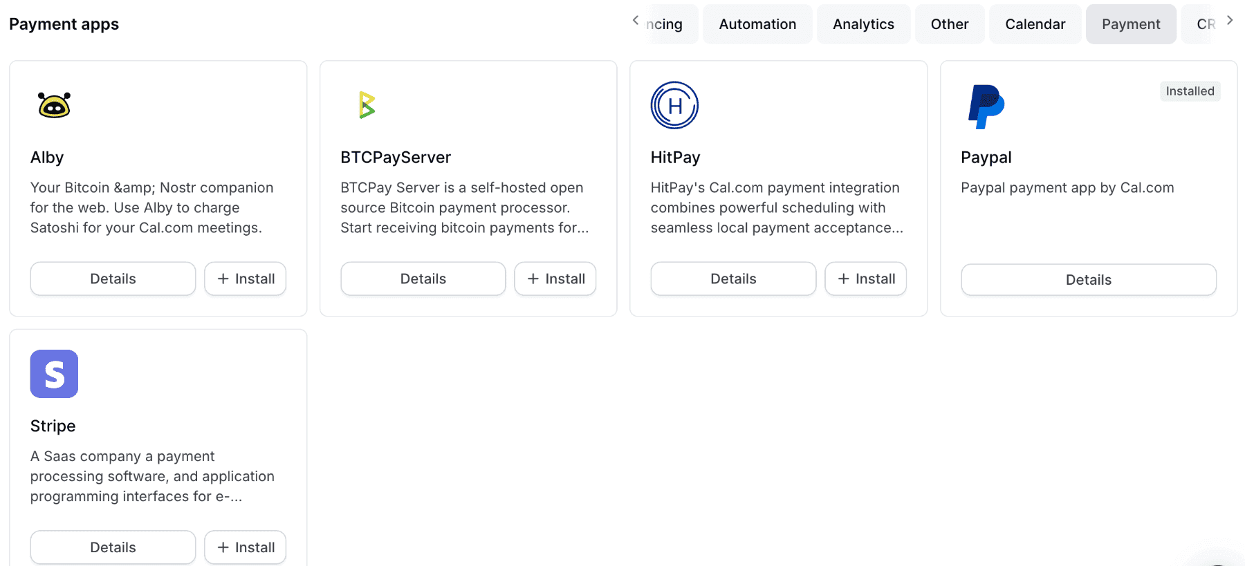 Payment apps in the Cal.com app store