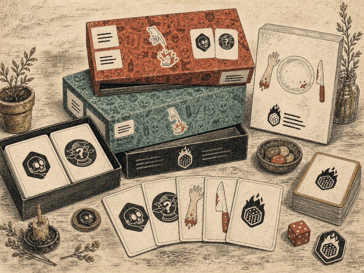 Hand-drawn card-game box with a halo and devil horns, cards fanned beside a convention badge