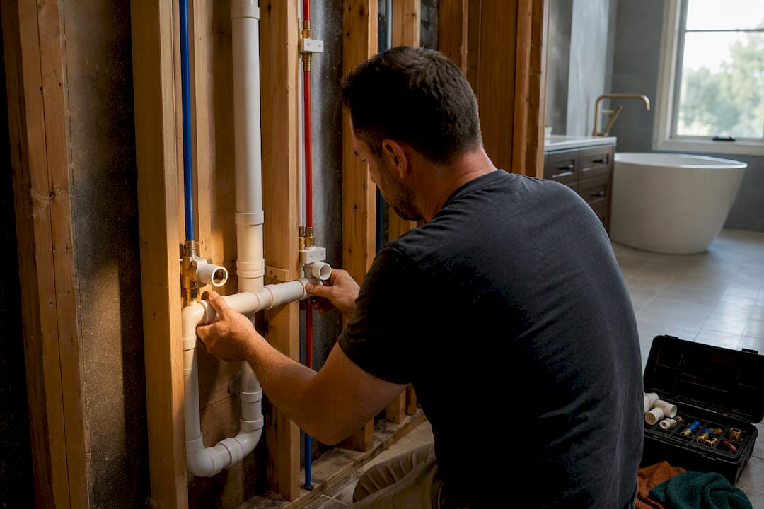Plumber routing pipes inside bathroom wall