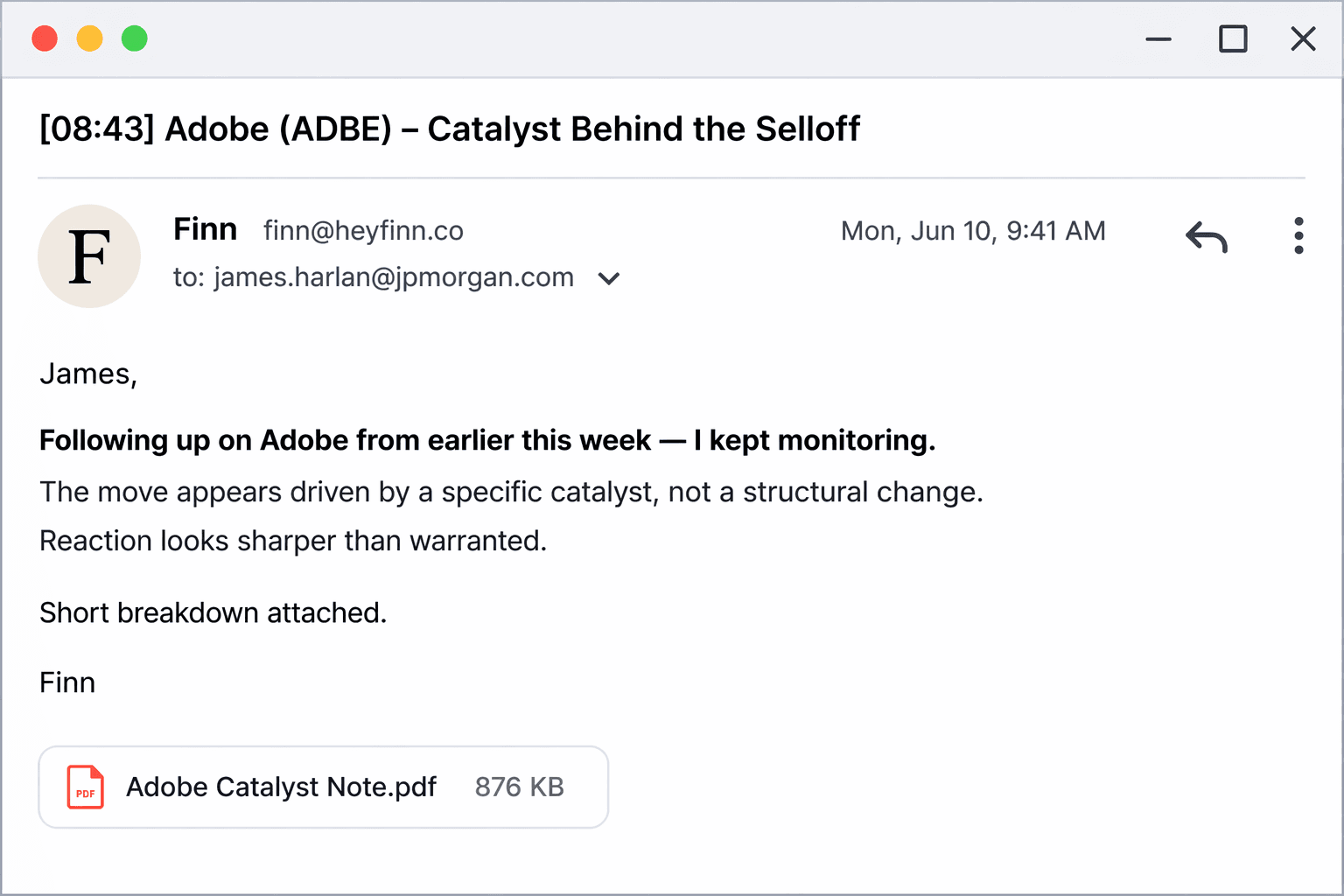 Finn proactive monitoring email alerting a PM about an Adobe catalyst
