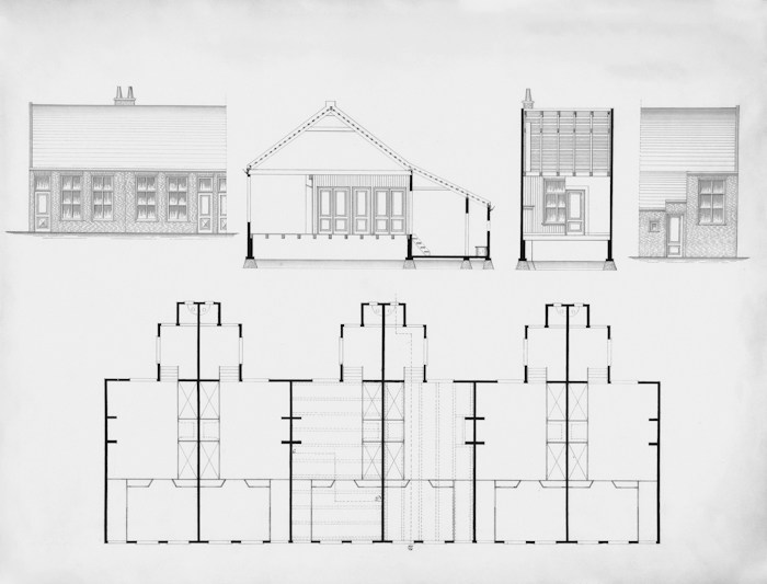Architectural elevations and floor plan drawings