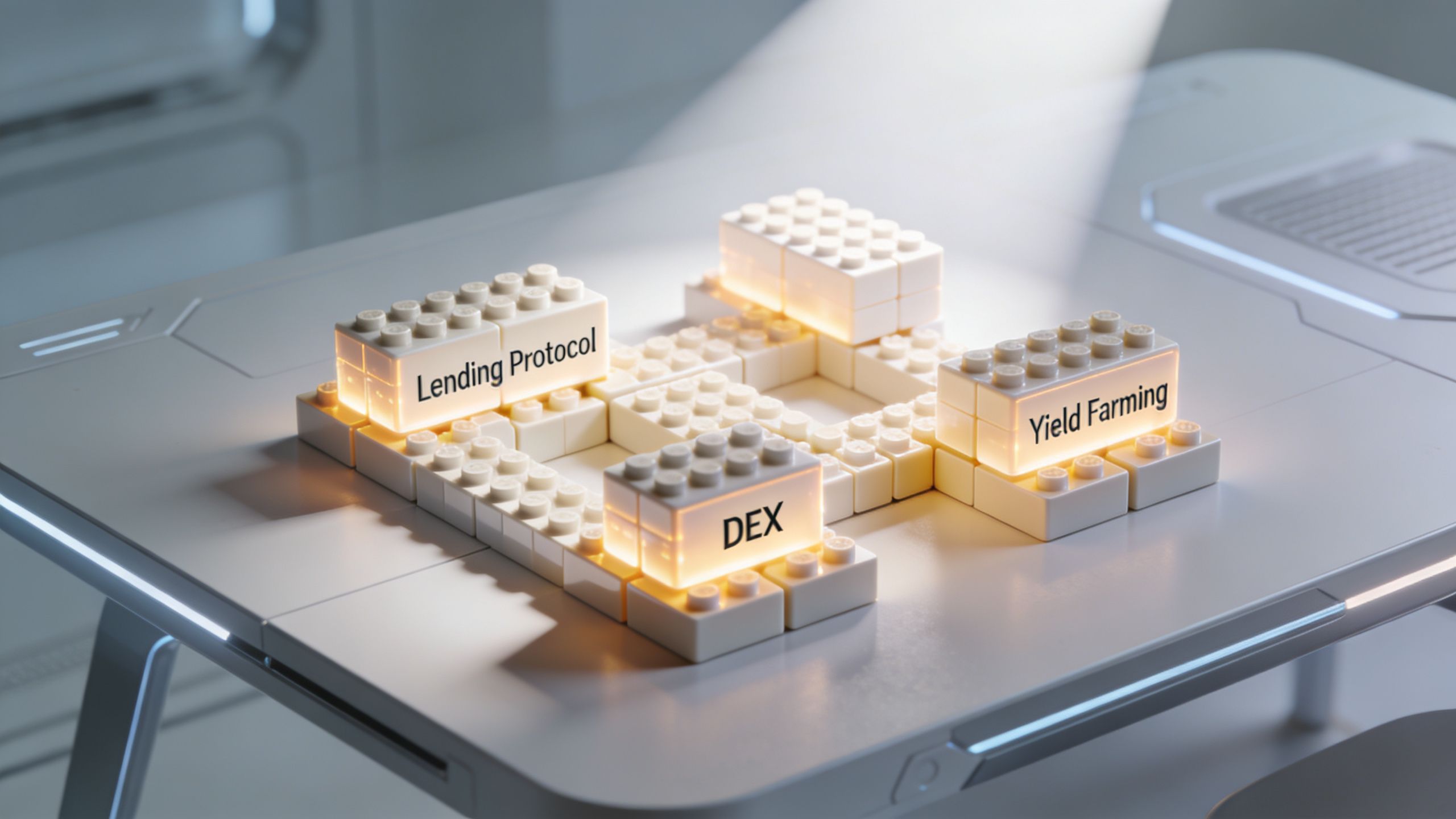 A miniature structure made of white plastic bricks labeled Lending Protocol, Yield Farming, and DEX.