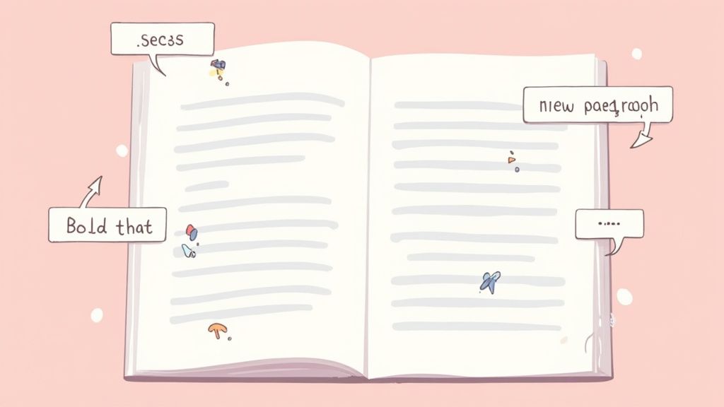 An open book with handwritten editing notes like 'Bold that' and 'niew paegraph' on its pages.