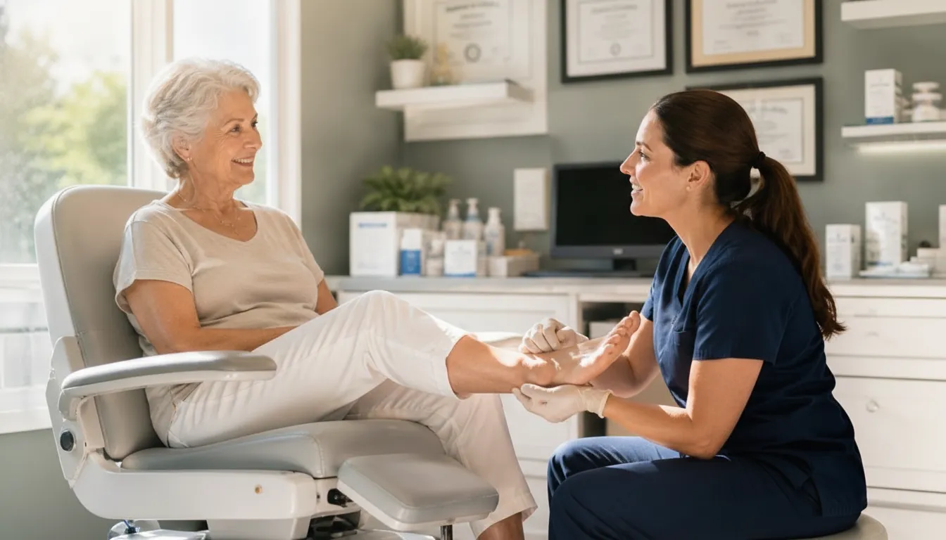 Podiatrist gently examining a patient's foot and ankle in a bright modern clinic