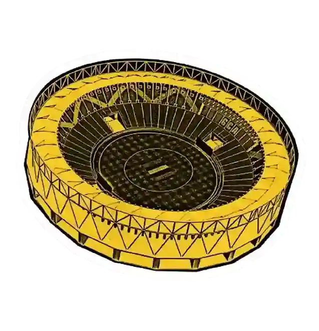 A detailed top-down sketch of the Narendra Modi (Motera) cricket stadium in yellow.