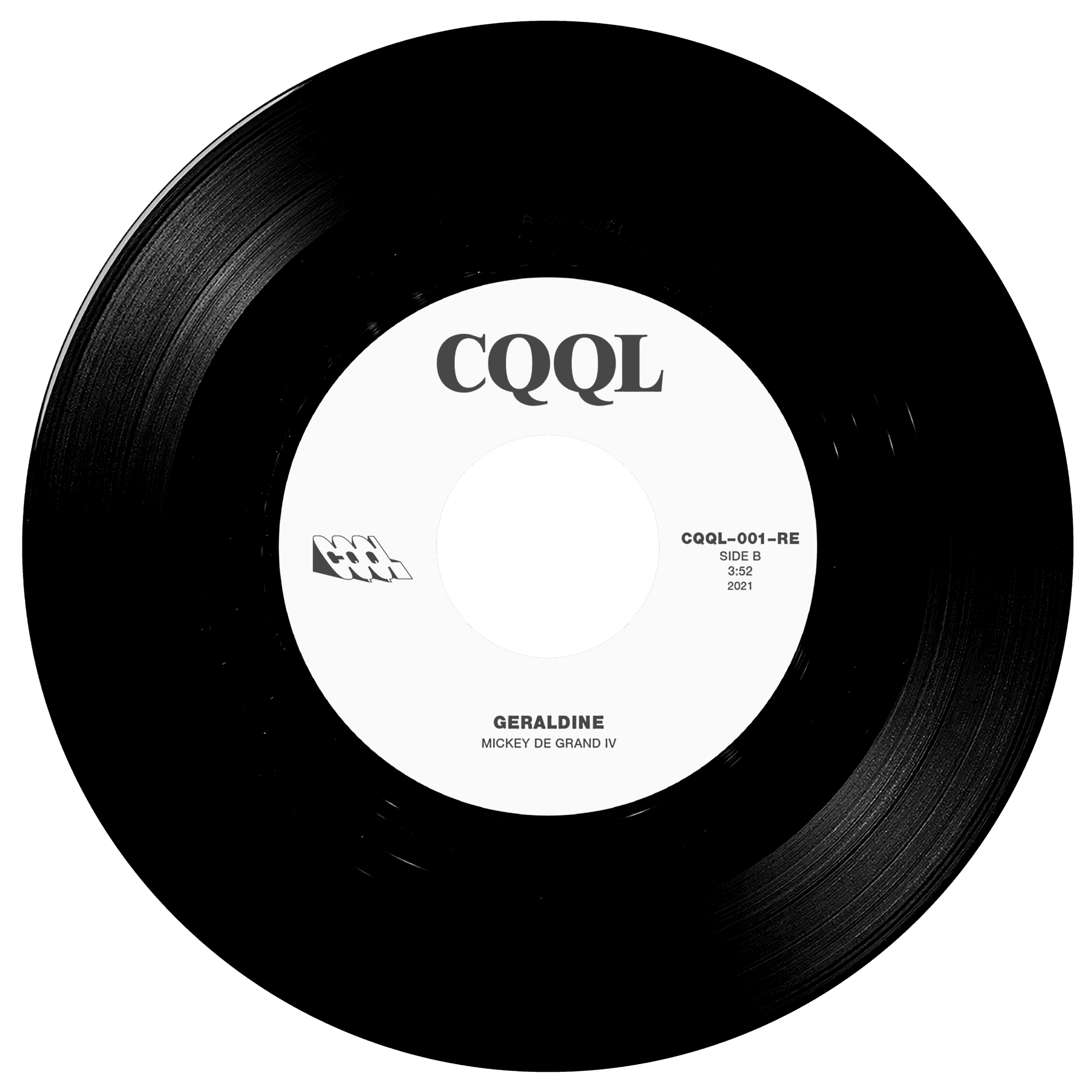 Black vinyl record with a white label displaying 'CQQL' and text.