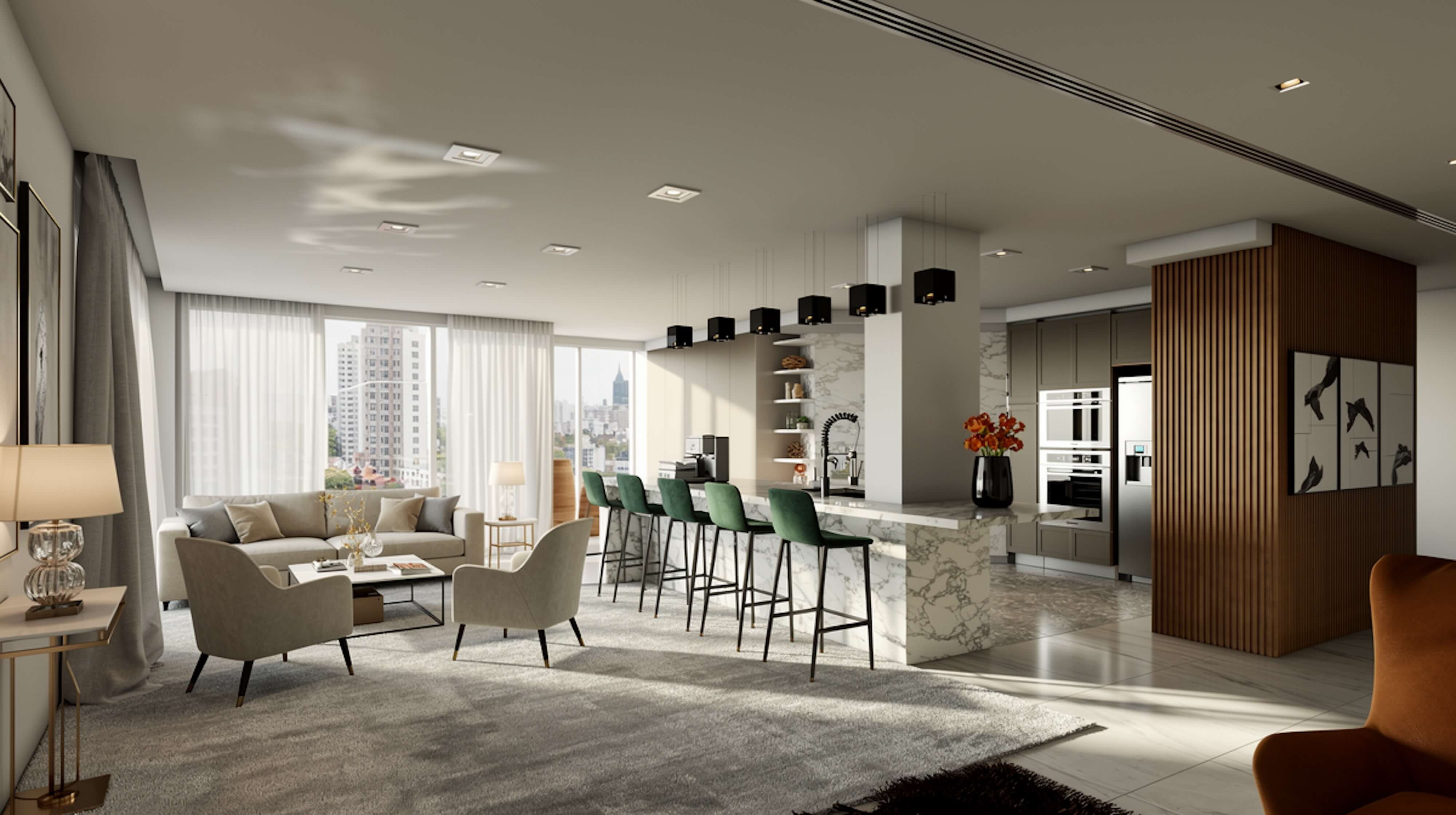 Bright open-plan living room and kitchen with marble island, green bar stools, floor-to-ceiling windows, city skyline view, and warm wood accents.