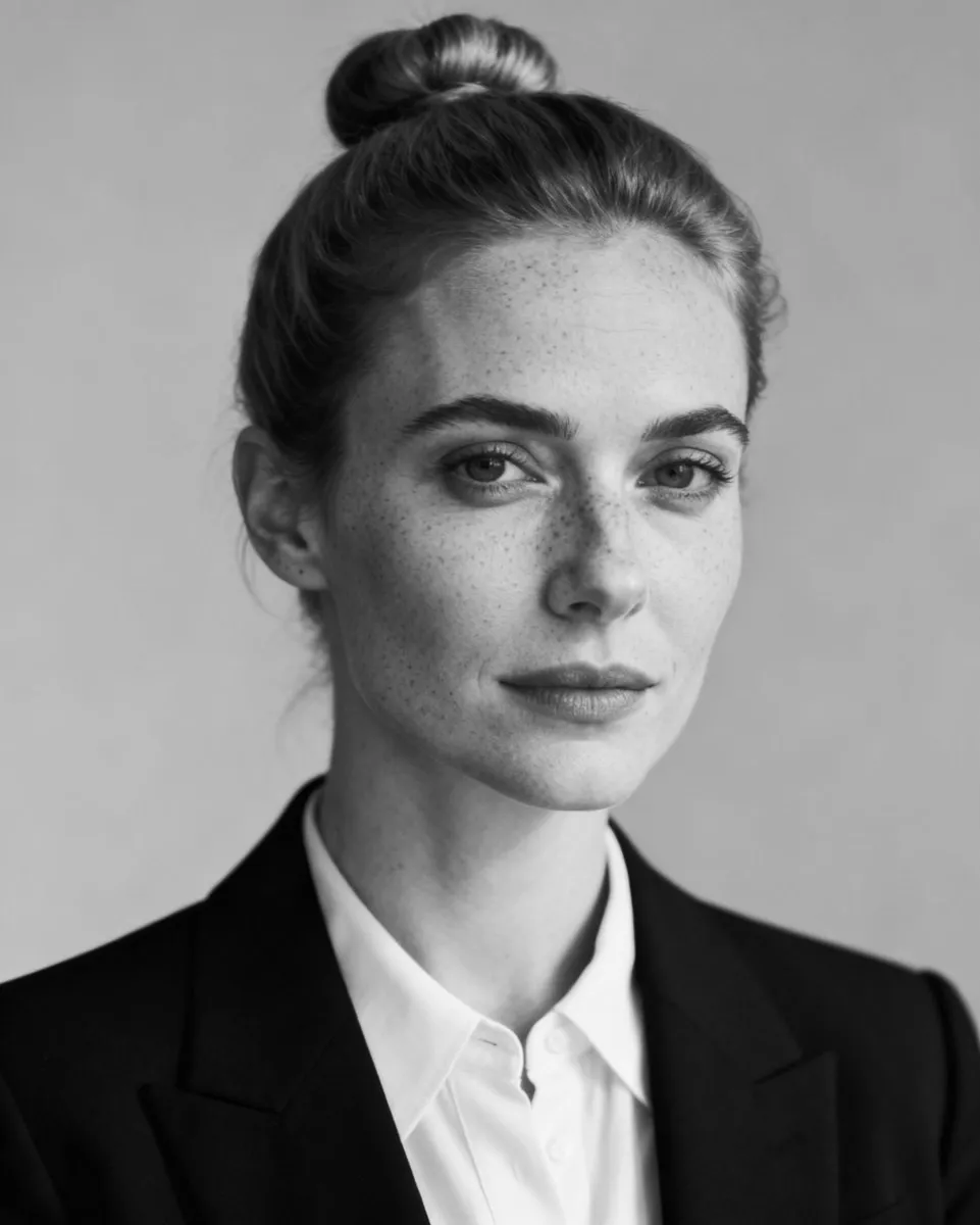 Professional portrait of young woman in a black suit looking at camera
