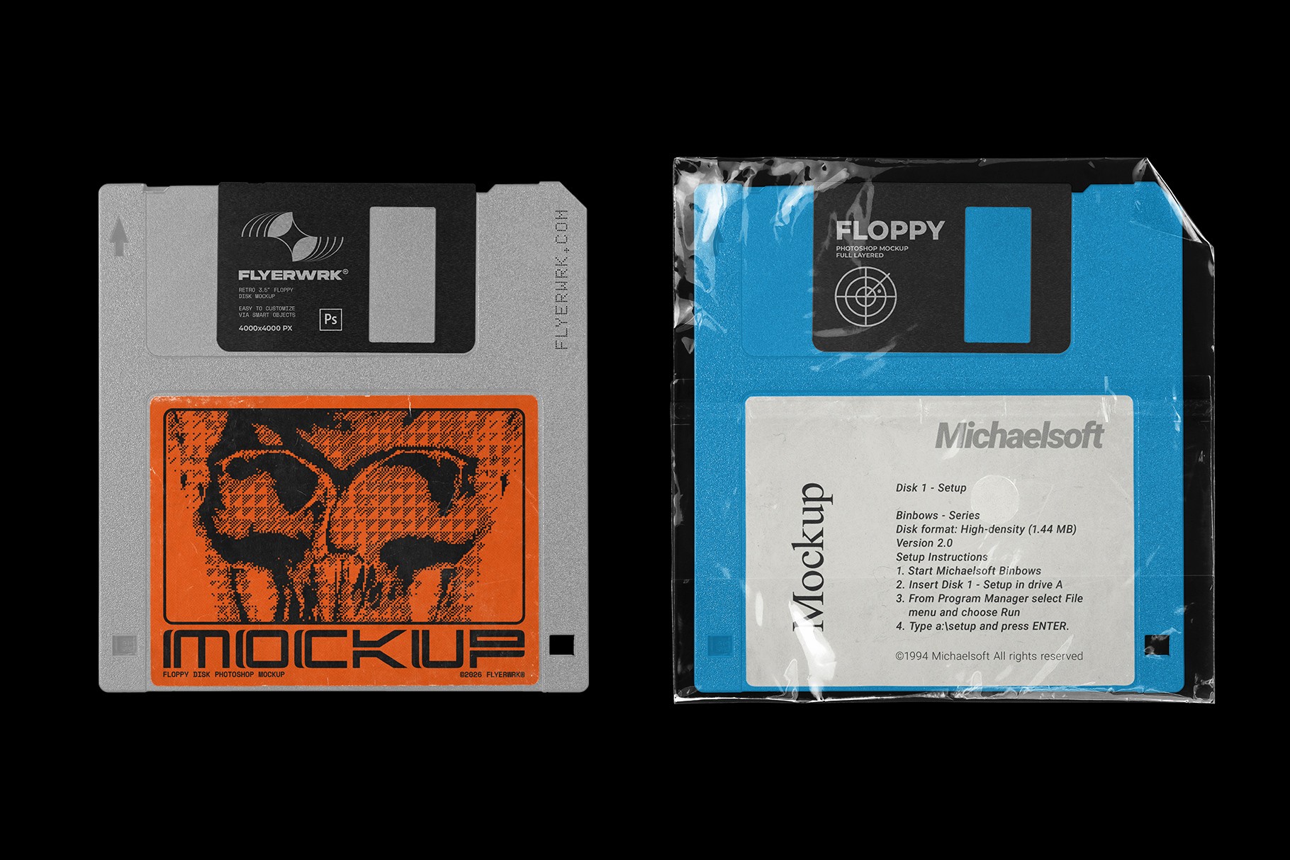 Vintage Floppy Disk 3.5 Inch Mockup showing grey and blue disk variations with custom retro labels