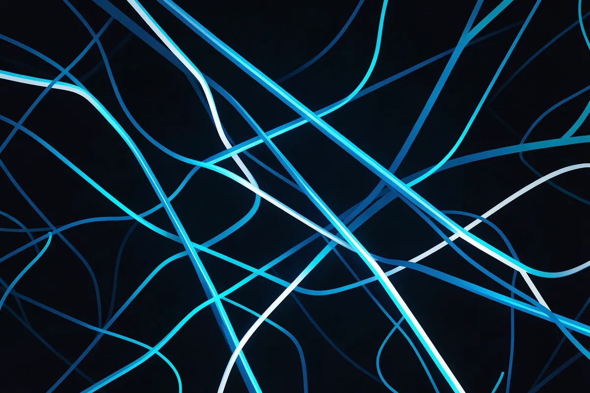 A complex network of interconnected glowing lines representing data and connections.