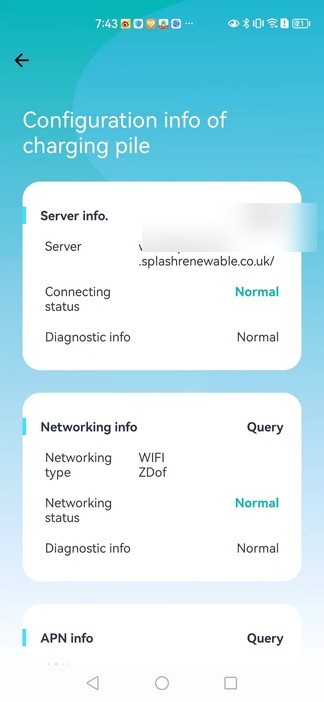 Configuration info screen showing Server URL and connecting status as Normal