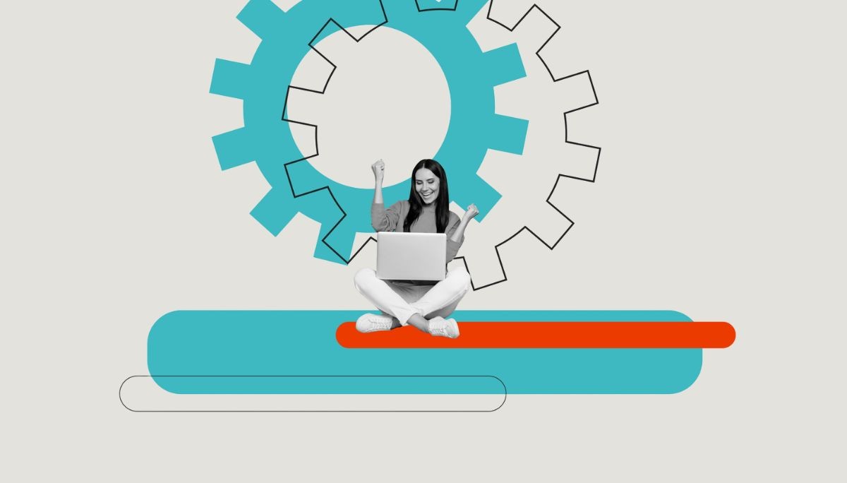 Person with laptop and gears in background, symbolizing how to hire generative AI engineers.