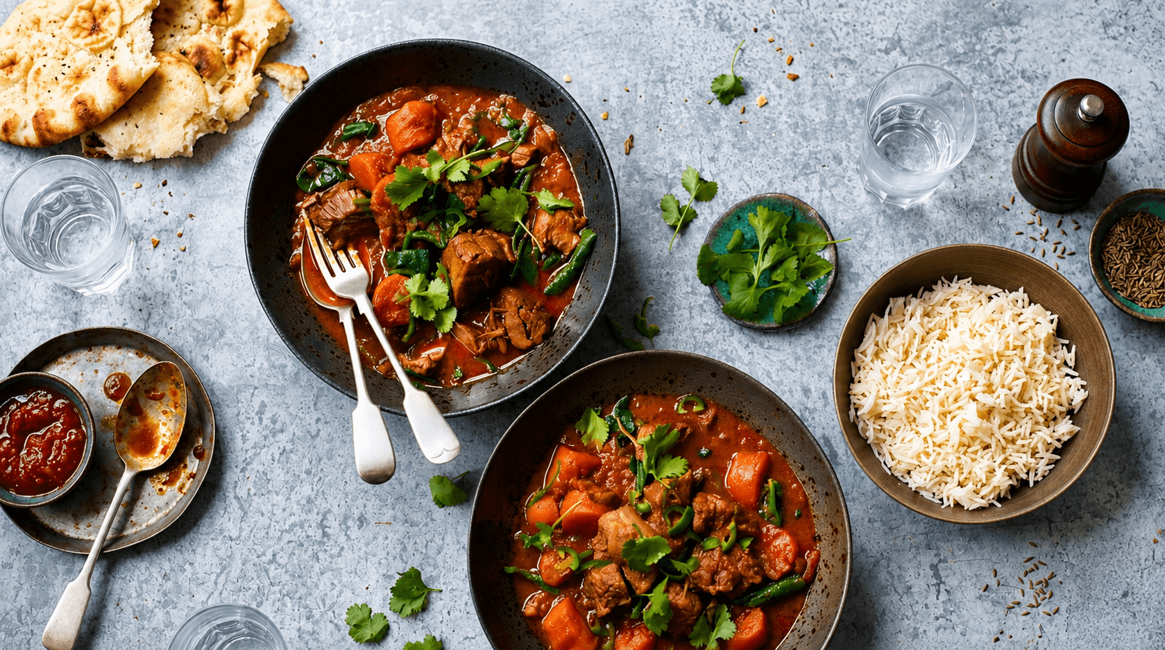 Chicken curry served on table with rice and nan