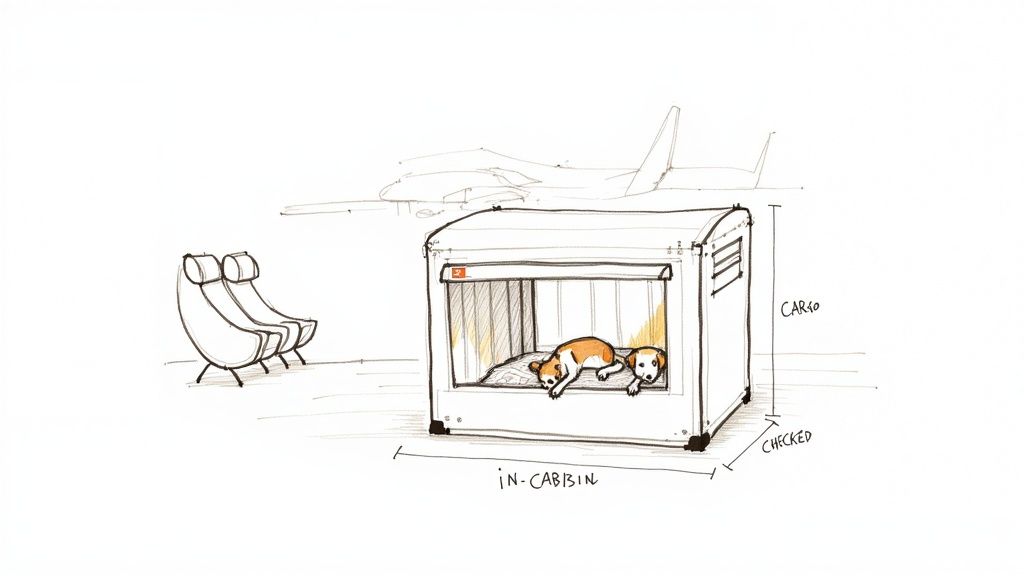 Dog resting inside airline-approved pet travel crate in airplane cabin for international flight