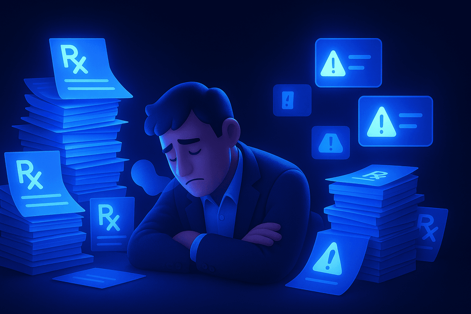 A 3D stylised illustration of a tired pharmacist slumped over a desk, eyes closed, surrounded by glowing blue prescription slips and digital alert icons. The scene uses deep blues and soft glows to convey digital fatigue and emotional exhaustion in a high-pressure pharmacy setting.