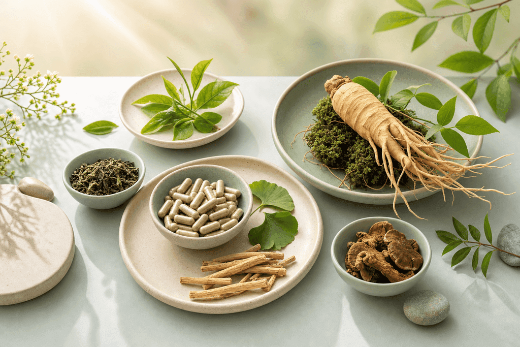 A clean, modern arrangement of natural energy supplements and herbal ingredients on a softly lit, minimalistic background: include items like capsules, green tea leaves, ginseng root, and adaptogenic herbs artfully placed on smooth ceramic dishes with subtle gradients and soft pastel hues; emphasize an uplifting, hopeful atmosphere with gentle light rays, and no characters, text, or humans in the image.