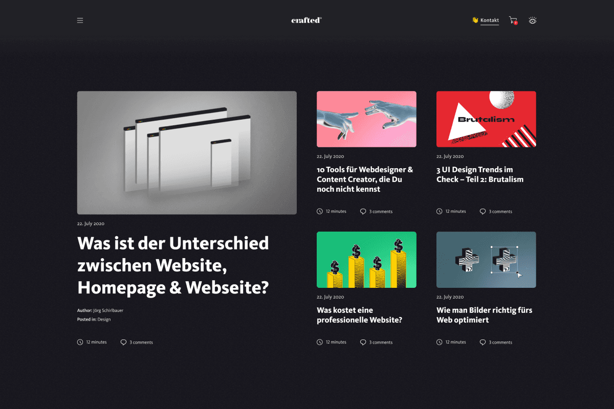 Screenshot der Blog-Übersichtsseite für die Website Crafted mit einem modernen, dunklen Layout. Verschiedene Blog-Artikel zu Webdesign-Themen wie Website-Kosten, UI-Design-Trends und Bildoptimierung werden in einer Rasteransicht mit Vorschaubildern und Lesezeiten angezeigt.