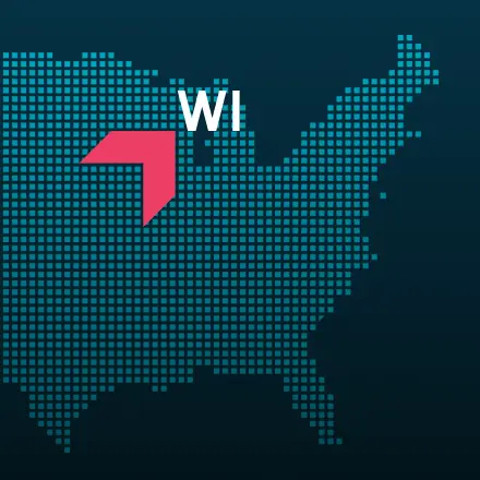 Map highlighting Wisconsin with a red arrow, representing GIA Group, LLC truck insurance coverage area.