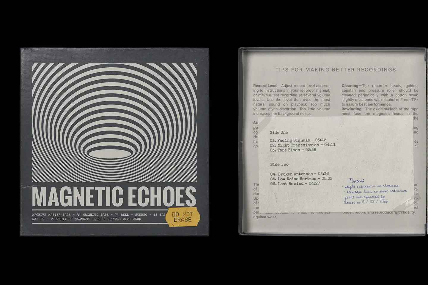 Vintage Reel Tape Box Mockup album cover artwork preview with retro packaging.