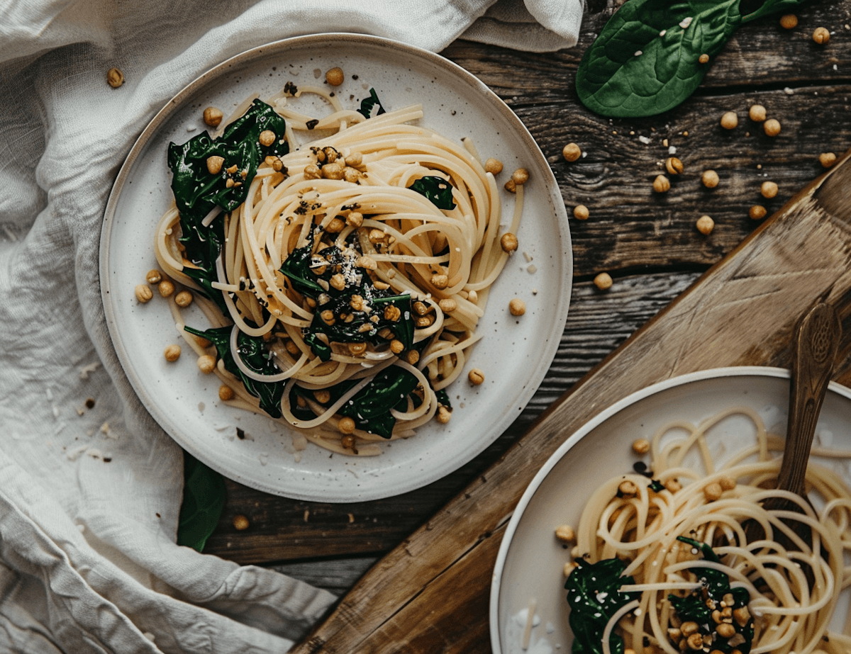 Two plates of pasta topped with herbs, crushed nuts, and a drizzle of sauce, set on a wooden table.