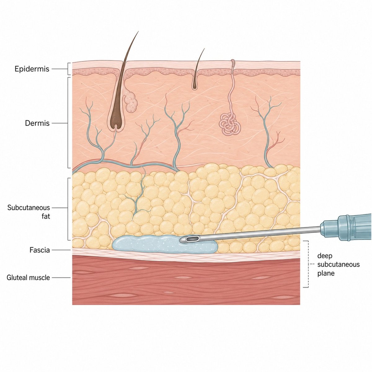 Cross-section of buttock tissue layers showing where hip filler is placed