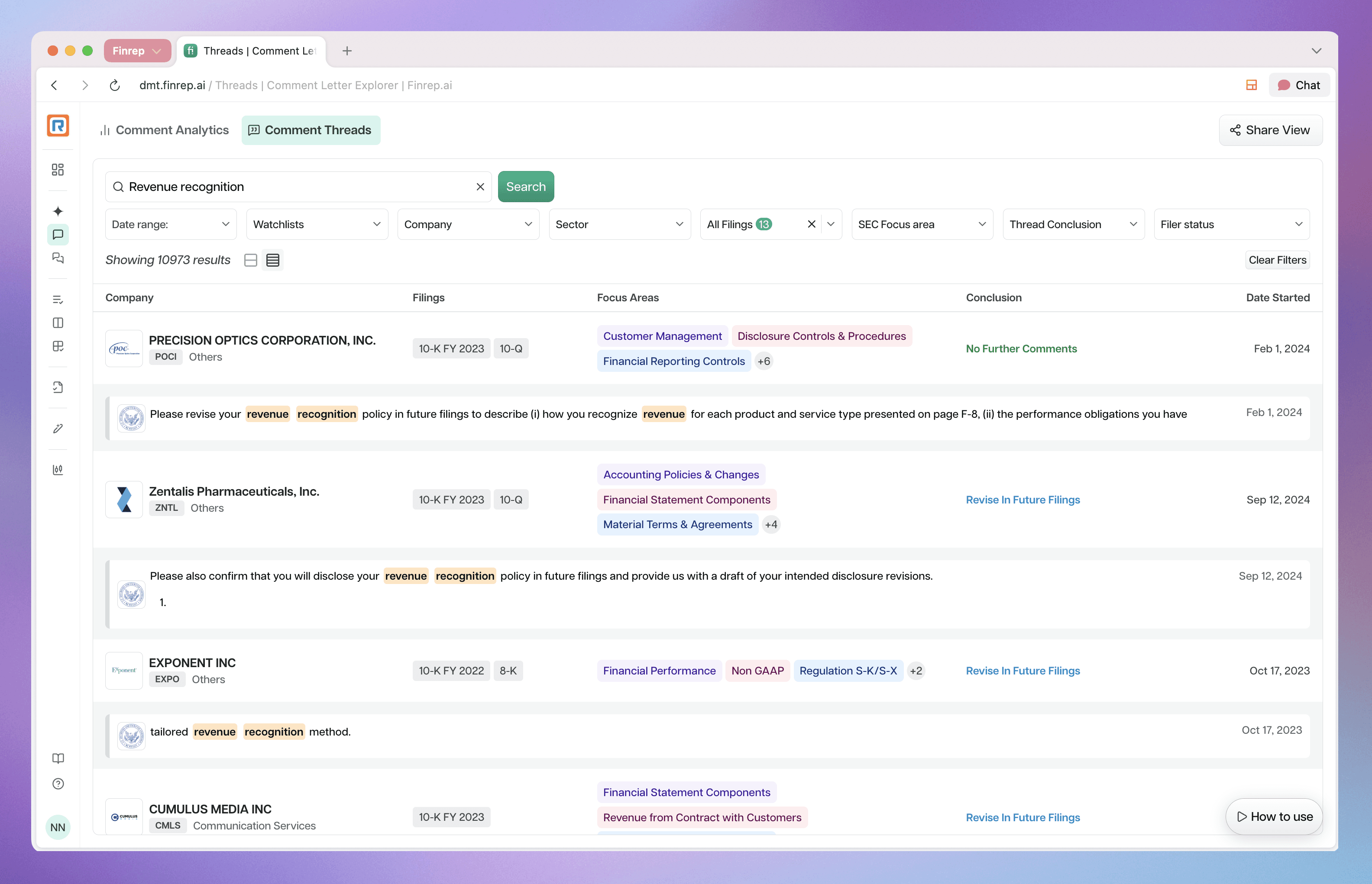 Keyword search in Comment letter Threads
