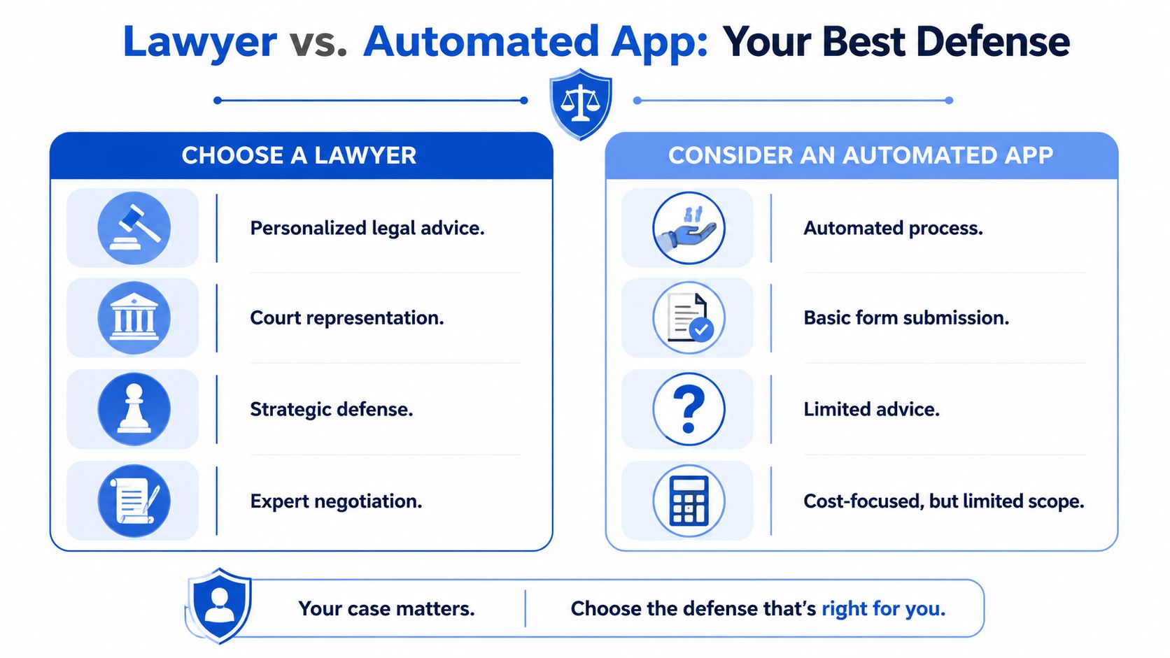 A comparison infographic showing the pros of hiring a lawyer versus using an automated legal app.