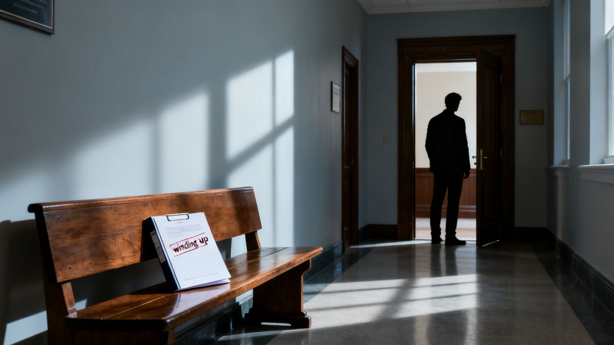 A 'winding up' document on a wooden bench in a courthouse hallway, a figure in a doorway.