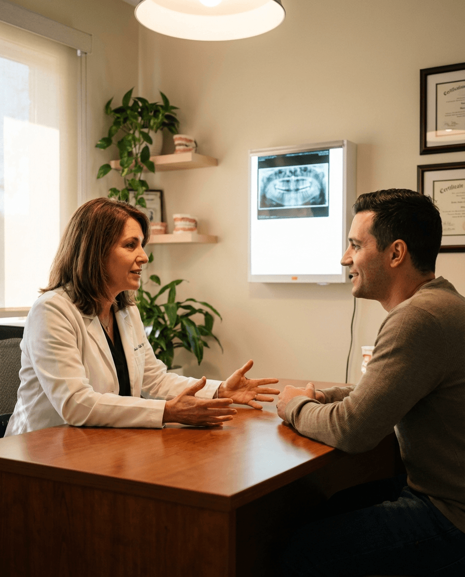 A dentist speaking with a patient about dental crowns.