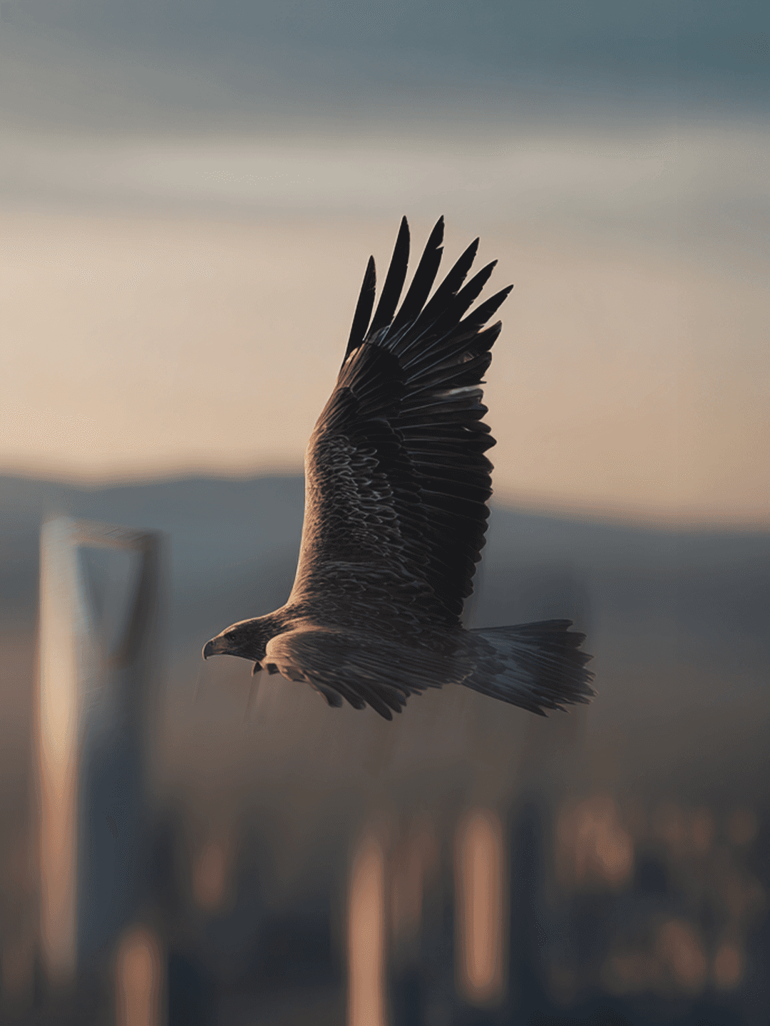 Eagle flying about saudi arabia buildings, skyscrapers and landscapes
