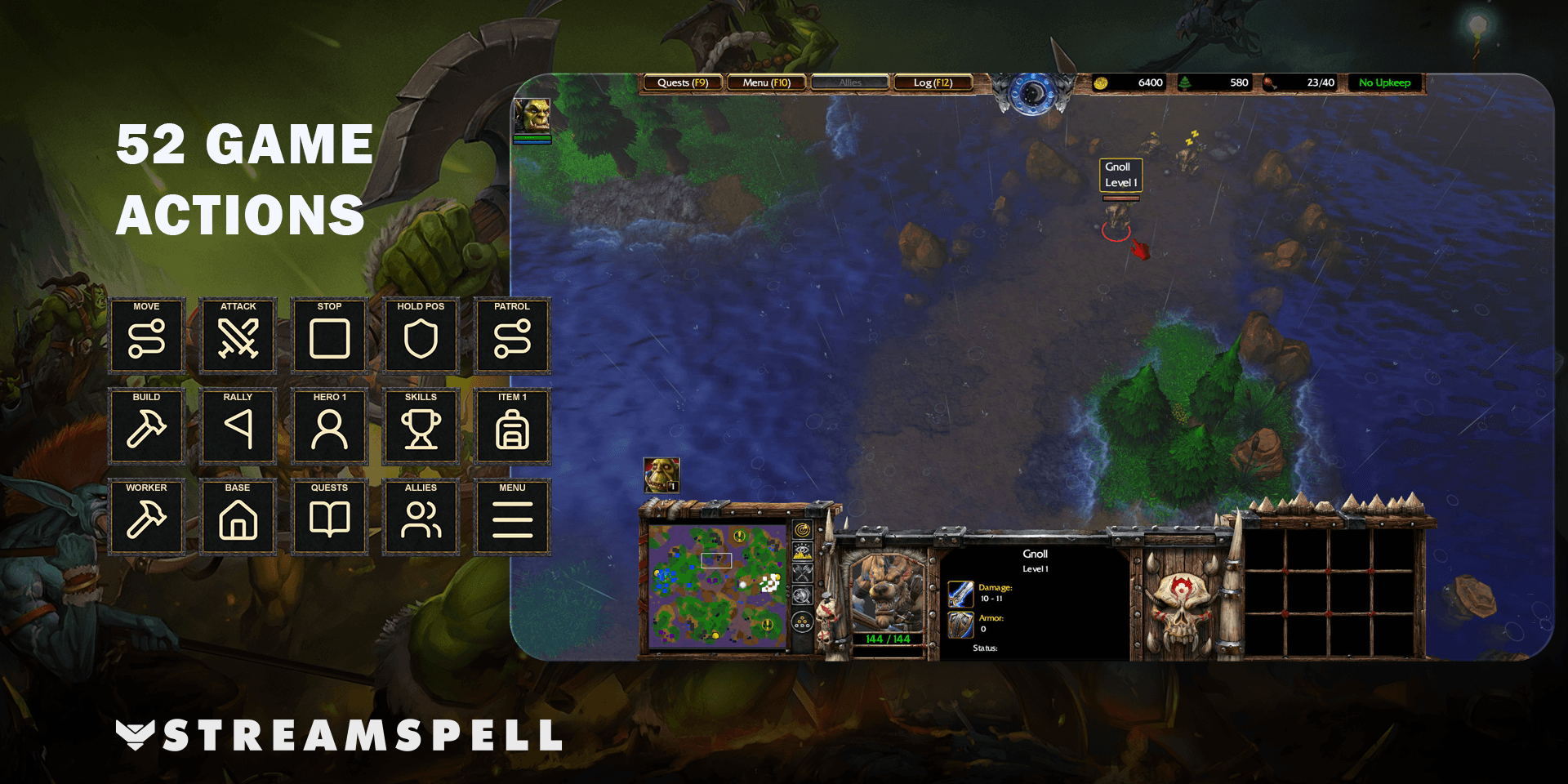 Warcraft III gameplay beside labeled Stream Deck icons for unit orders, heroes, inventory, idle workers, bases and menus
