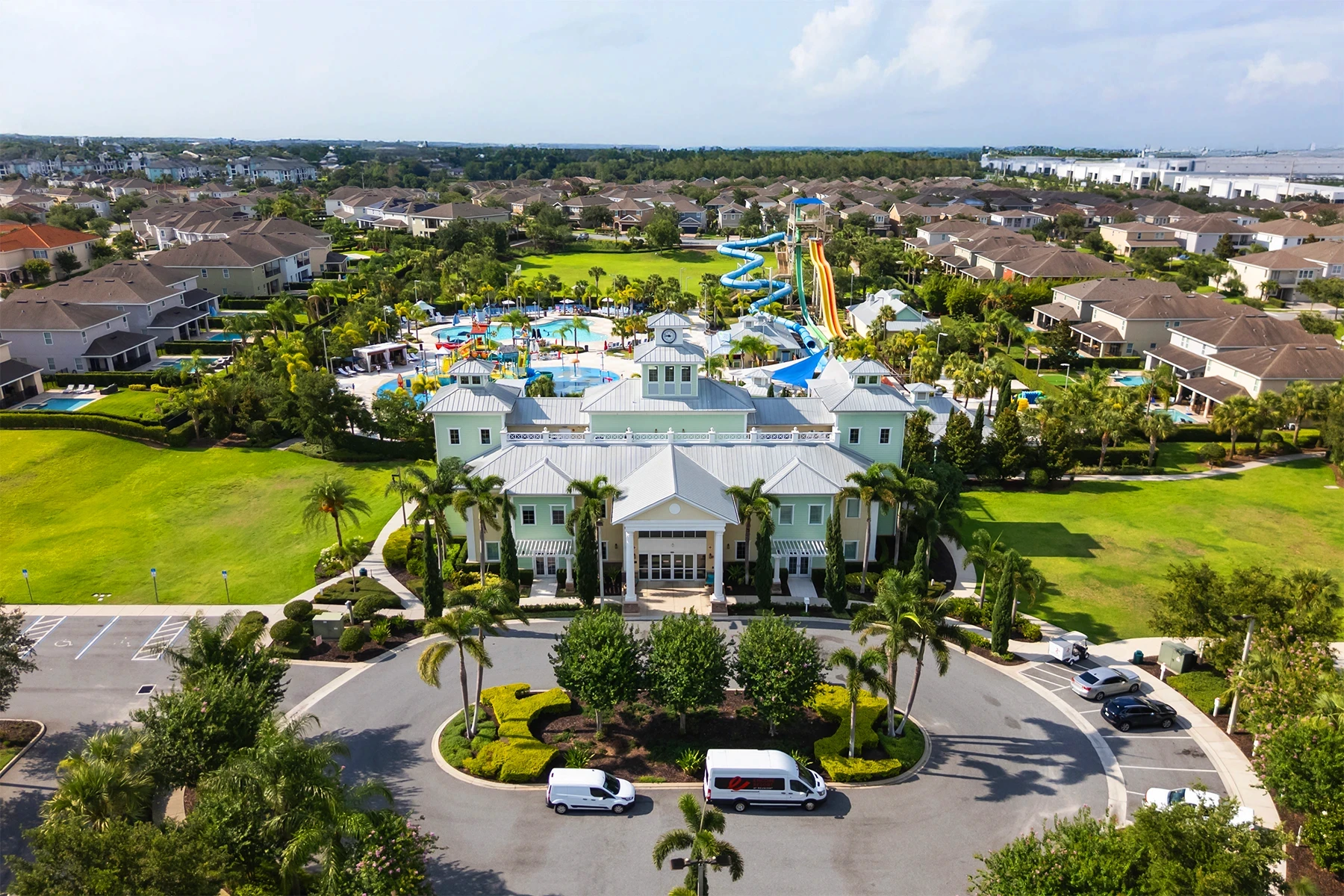 Aerial view of the Encore Resort clubhouse and water park in Kissimmee, Florida