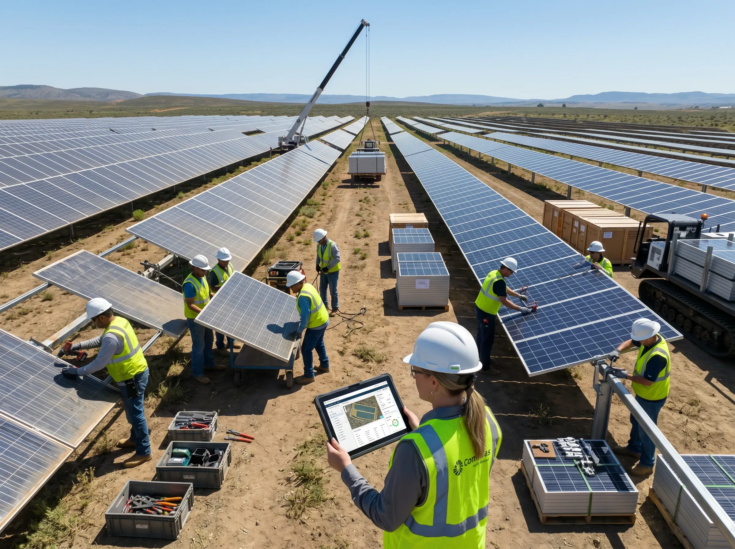 Workers installing solar panels at a large solar farm.