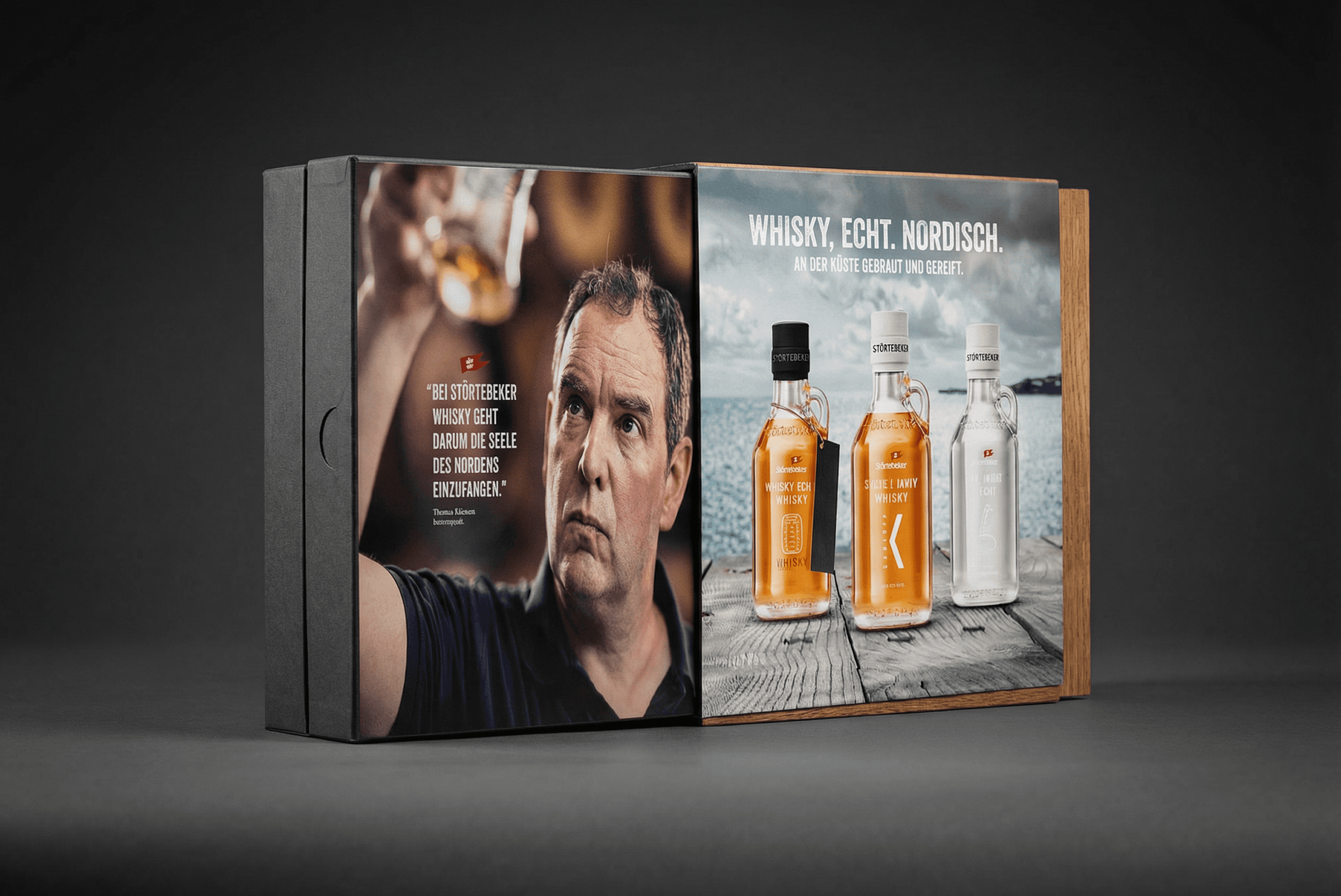 Störtebeker bottles and portrait, "Whisky, Echt. Nordisch."