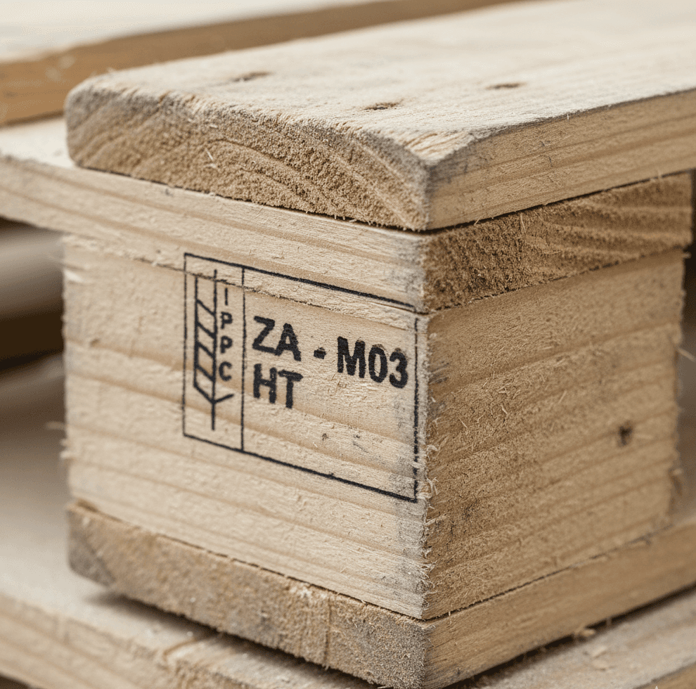 Close-up of an official South African ISPM-15 heat treatment stamp (ZA-M03 HT) on export timber.