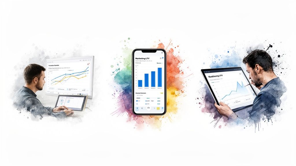 Three individuals analyze data and charts on a desktop, laptop, smartphone, and tablet, depicting multi-device business analytics.
