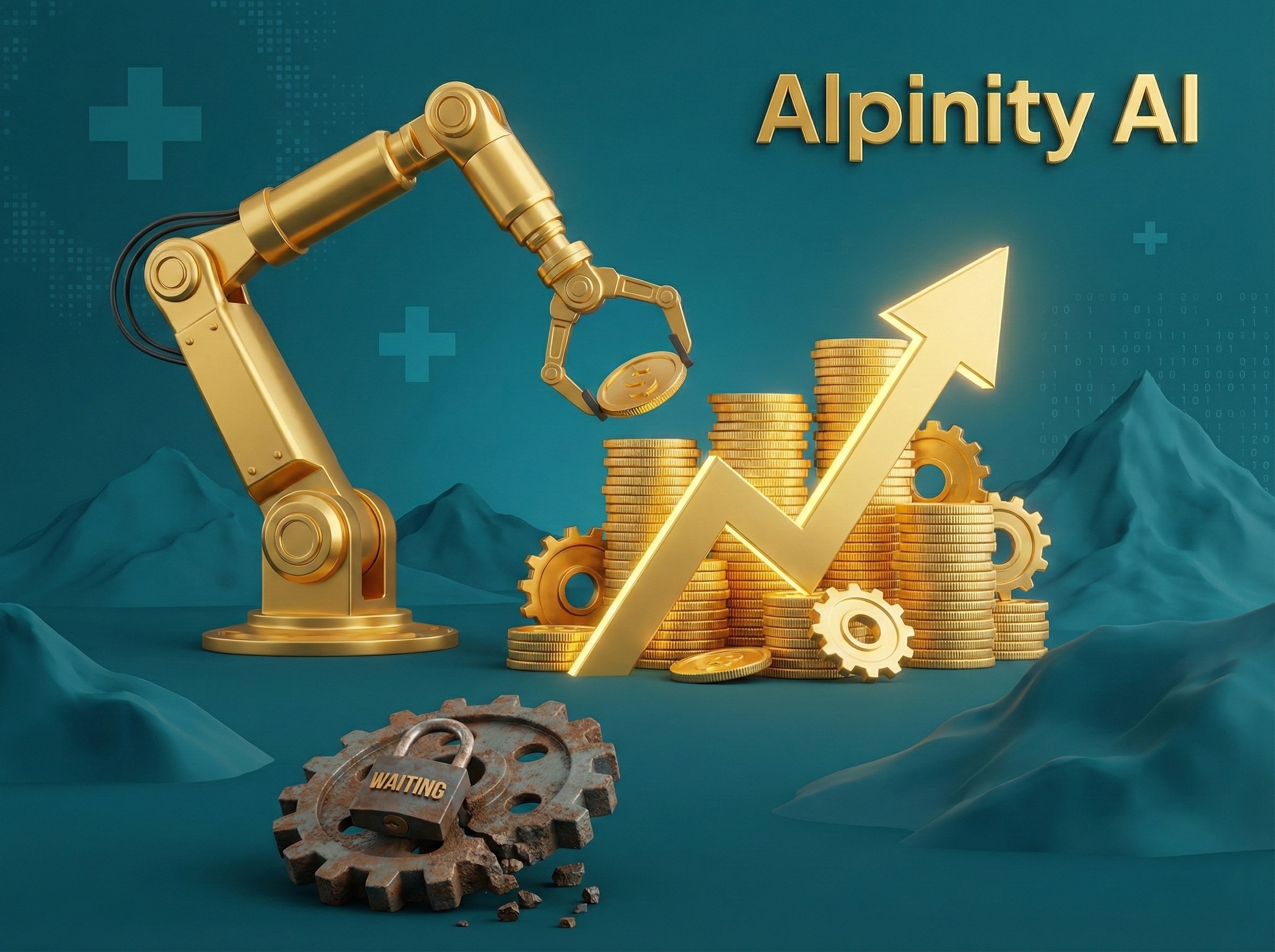 Goldener Roboterarm stapelt Münzen neben aufsteigendem Pfeil und Schweizer Bergen, symbolisiert den ROI von KI-Automatisierung für KMUs.