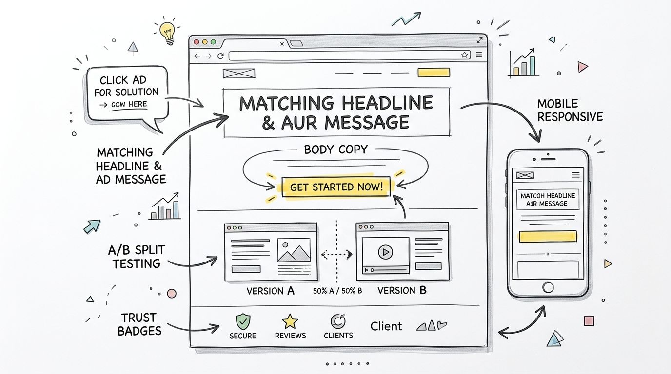 An illustrated diagram explaining B2B lead generation tactics including landing page optimization, A/B testing, and mobile responsiveness.