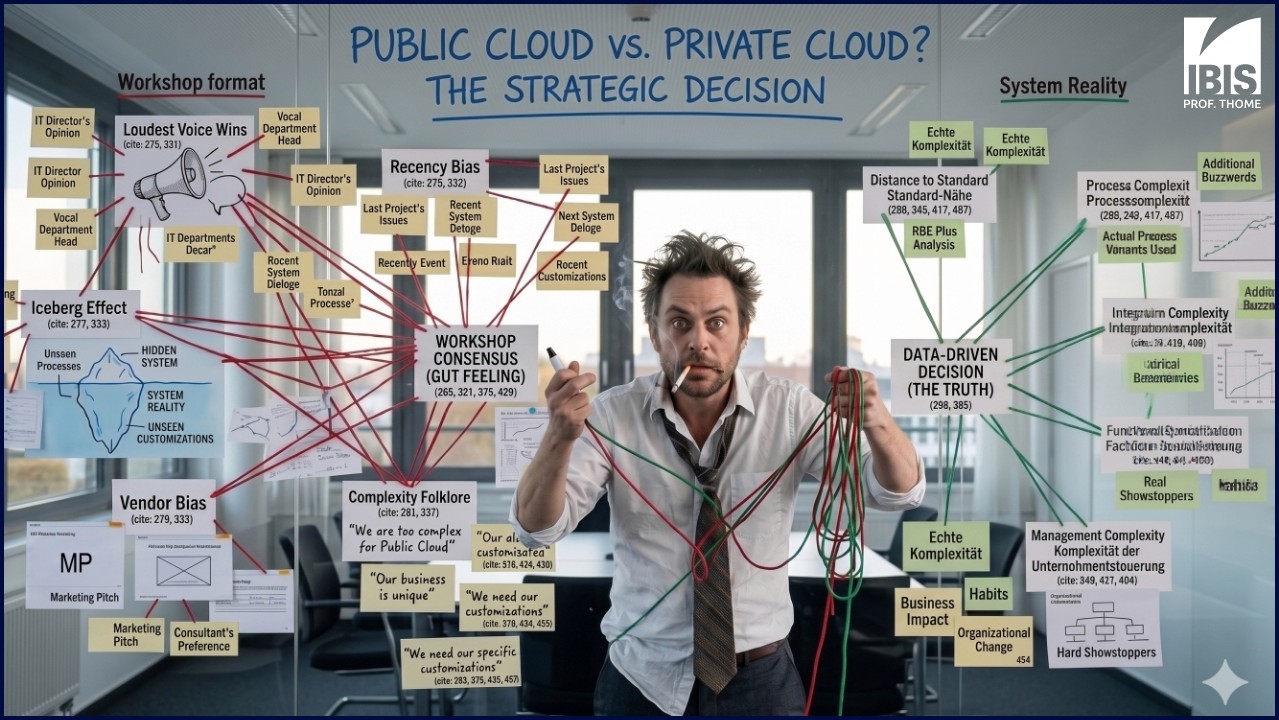 Das Bild zeigt einen überforderten Mitarbeiter der darüber nachdenkt, ob er sein ERP System in eine Private Cloud oder Public Cloud transformieren soll.