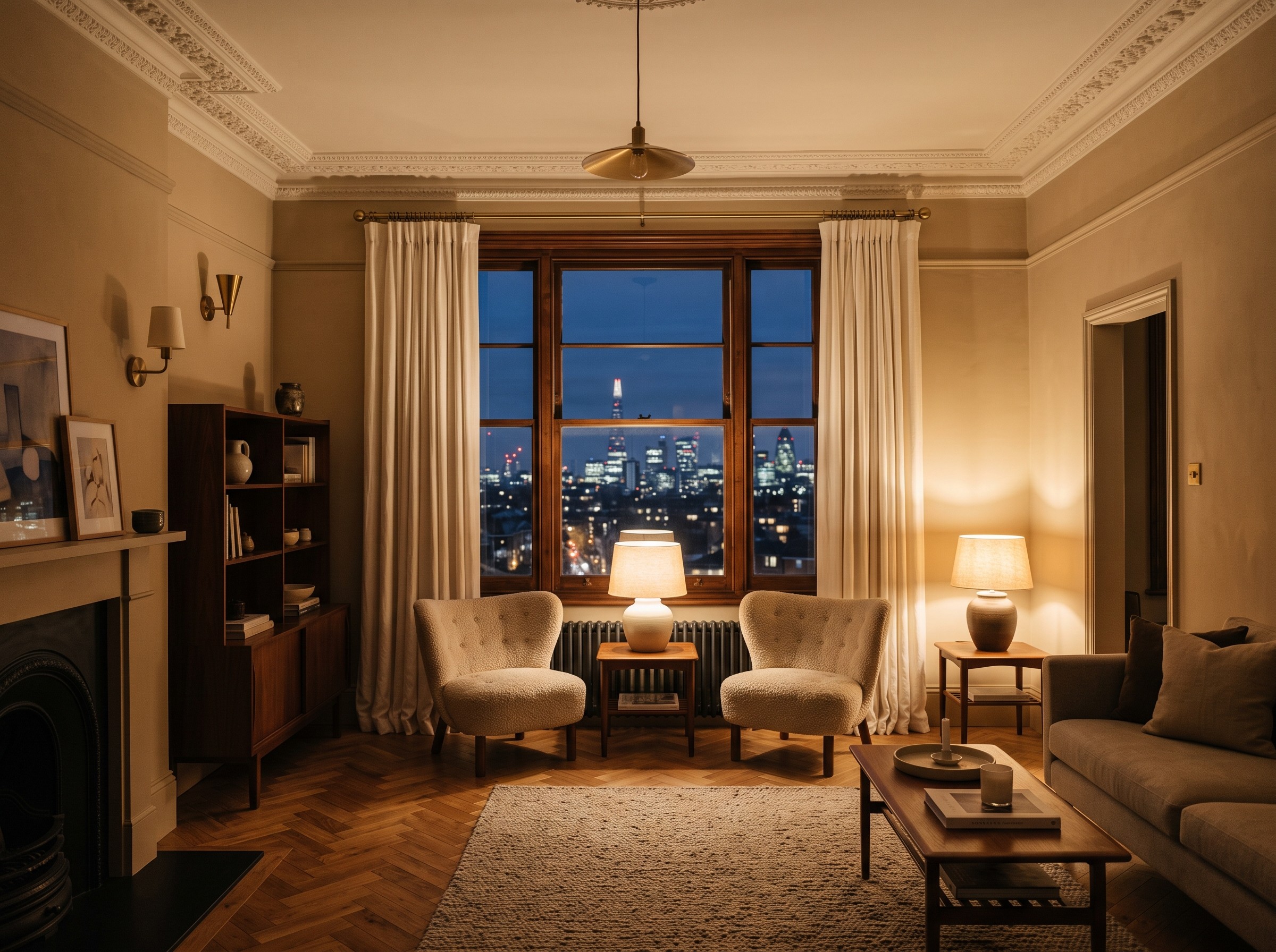A reading corner in the Weston Loft boutique hotel suite, with a linen armchair beside a sash window.