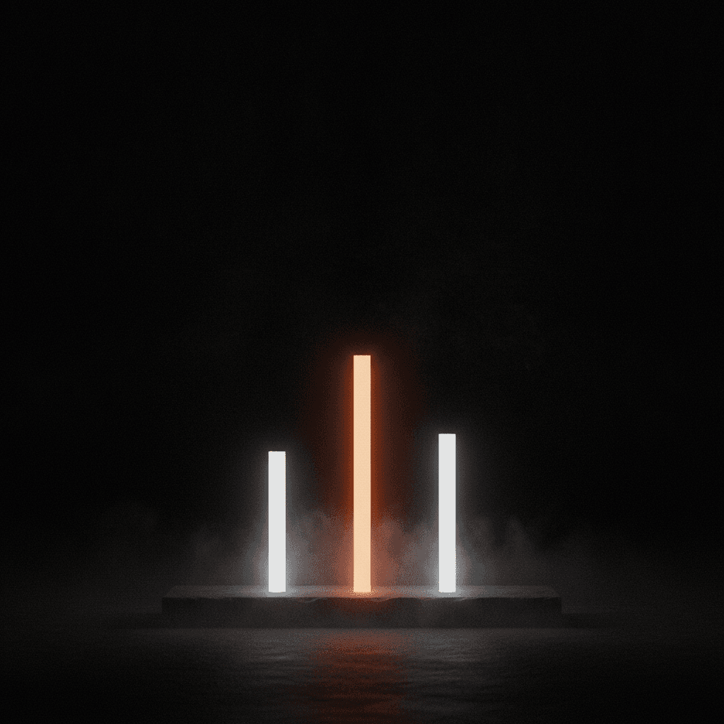 Three thin vertical light beams of varying height against pure black, one beam glowing orange