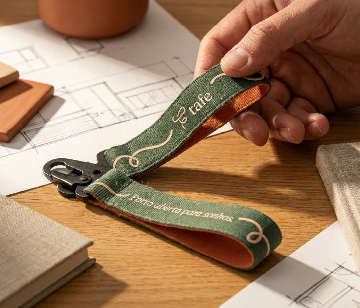 Hand holding a green and orange fabric wrist keychain with the Tafe logo and the phrase "Porta aberta para sonhos" printed on both sides, resting against a wooden desk with architectural sketches in the background.