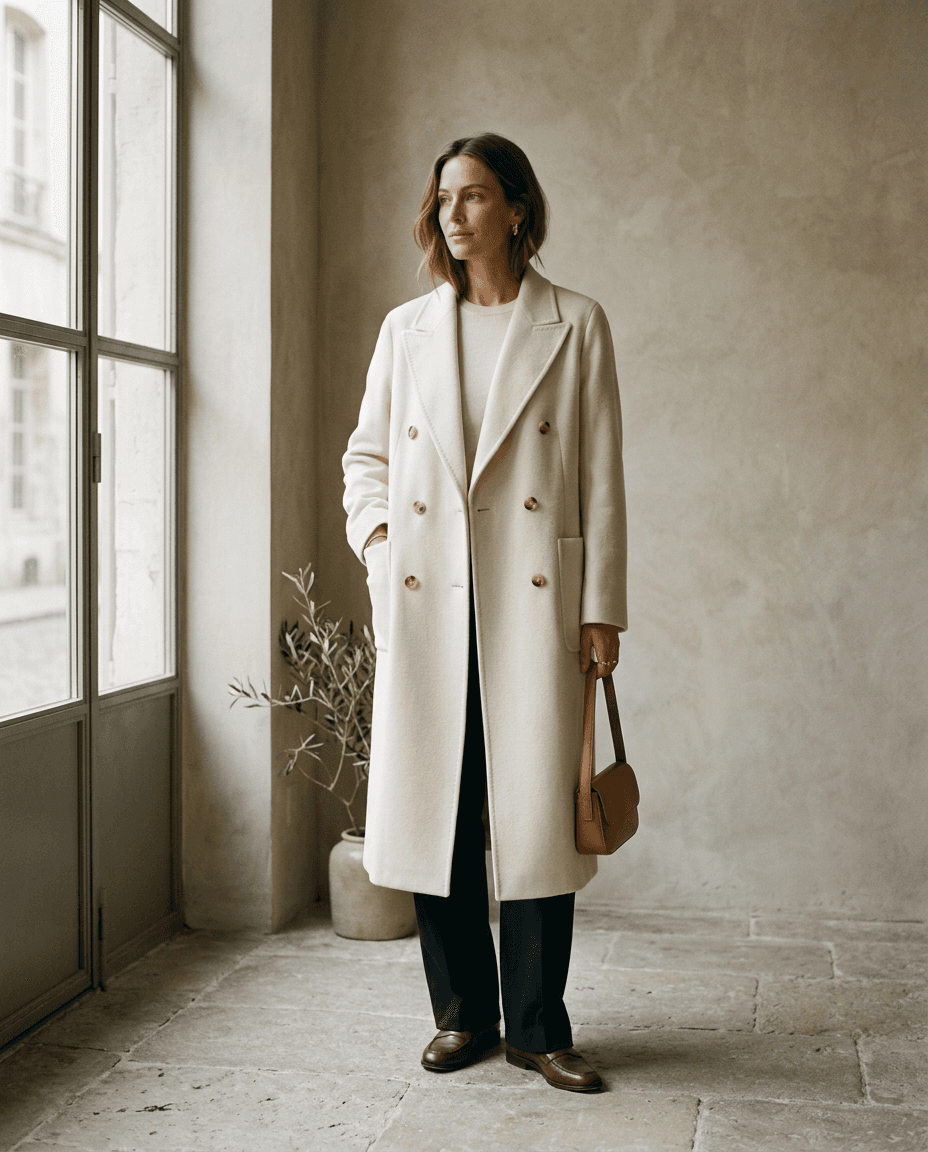Double-Breasted Camel Cashmere Coat — Ivory — editorial