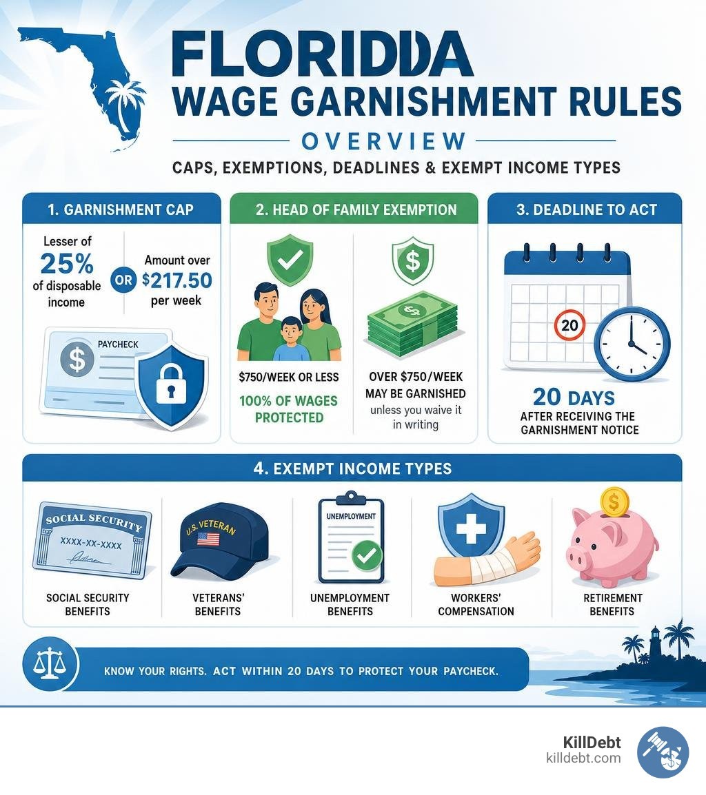 Florida wage garnishment rules overview infographic: caps, exemptions, deadlines, and exempt income types infographic