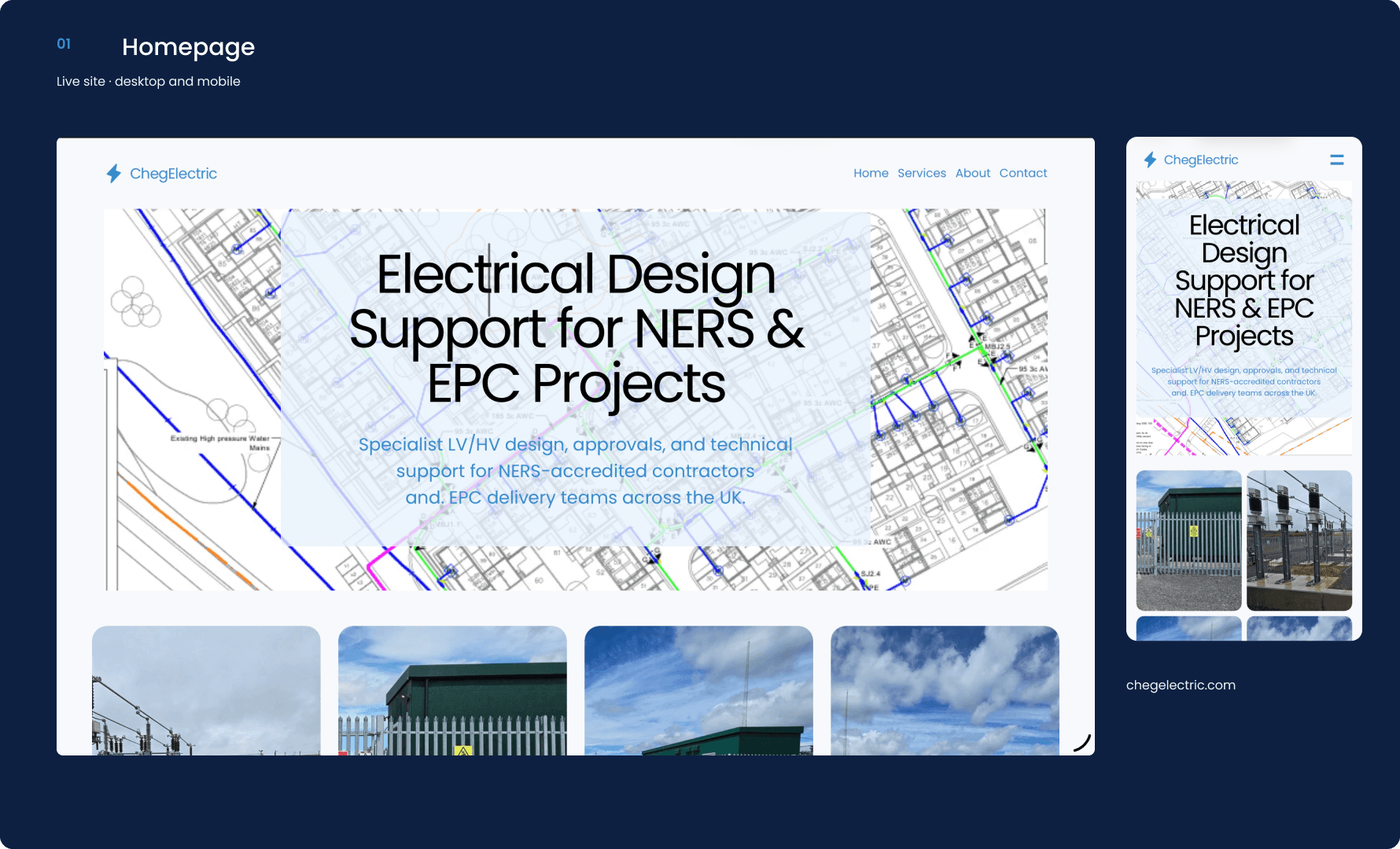 Live ChegElectric homepage at desktop and mobile widths