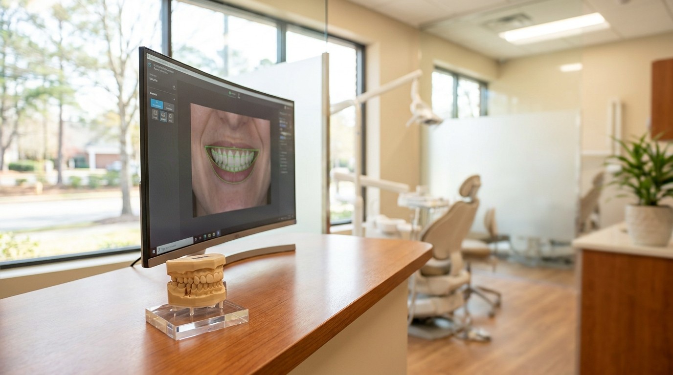 A dental wax-up model sits beside a digital smile design preview on a screen in a modern dental office.