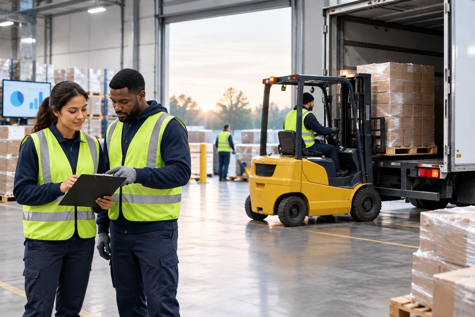 Warehouse dock crew loading pallets at early morning shift