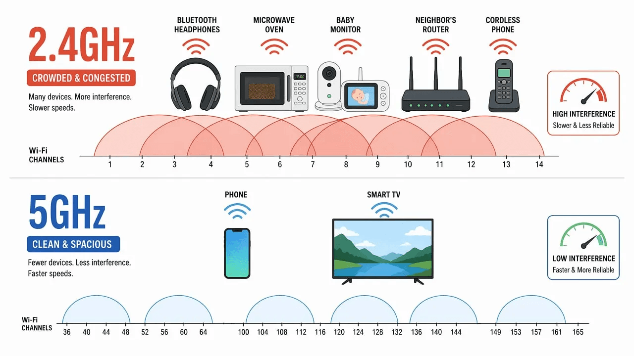Side-by-side comparison: 2.4GHz Wi-Fi band crowded with Bluetooth, microwaves, and baby monitors versus 5GHz band with fewer devices and more channels